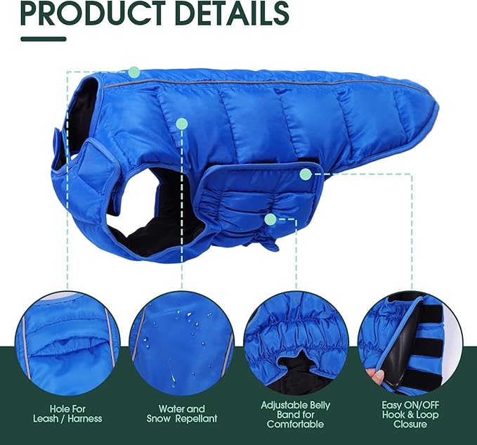 Kuoser Dog Puffer Jacket Warm Dog Coat for Large Dogs, Windproof Reflective Pet Padded Vest Cold Weather Clothes Puppy Snowsuit with Hook & Loop Coats, Easy On/Off, Blue XL