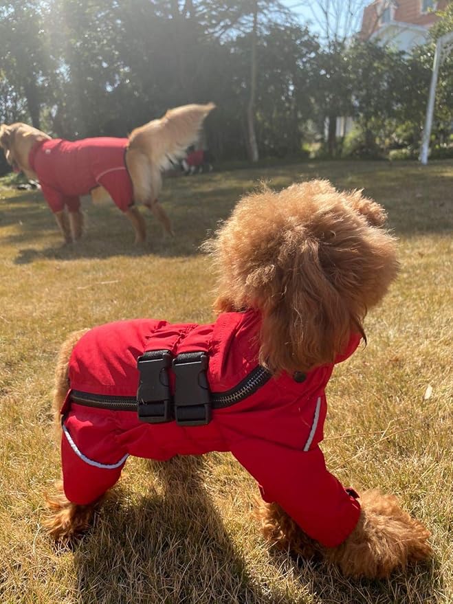 Dogs Waterproof Jacket, Lightweight Waterproof Jacket Reflective Safety Dog Raincoat Windproof Snow-Proof Dog Vest for Small Medium Large Dogs Red M