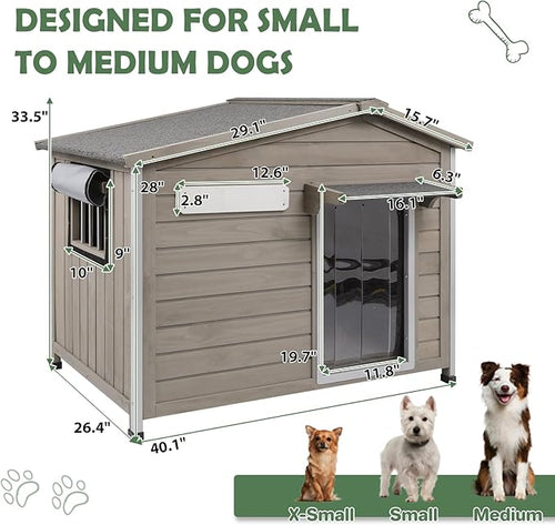 40'' L Large Dog House Outdoor Indoor, Wooden Dog Houses with Waterproof Roof, Door Curtain, Anti-Chewing Frame, Elevated Doghouse Shelter Bed Kennel with Window, Openable Roof