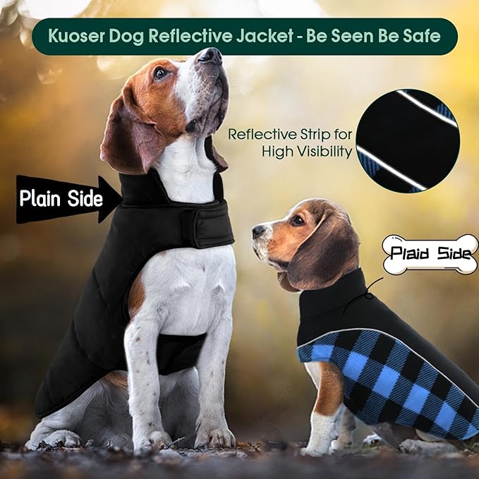 Kuoser Dog Winter Coat, Reversible Waterproof Dog Jacket with Reflective Strip, Warm Dogs Fleece Vest Adjustable Doggy Cold Weather Clothes Plaid Christmas Outfit Pet Apparel for Small Dogs, Blue XS