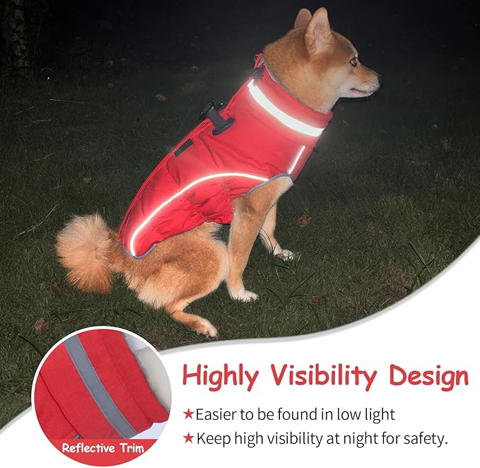 Malier Dog Coat, Reflective Dog Jacket Waterproof Windproof Puppy Cold Weather Coats with Harness Built in, Winter Extra Warm Pet Coat Fleece Vest for Small Large Pets and Puppy (Red, Large)