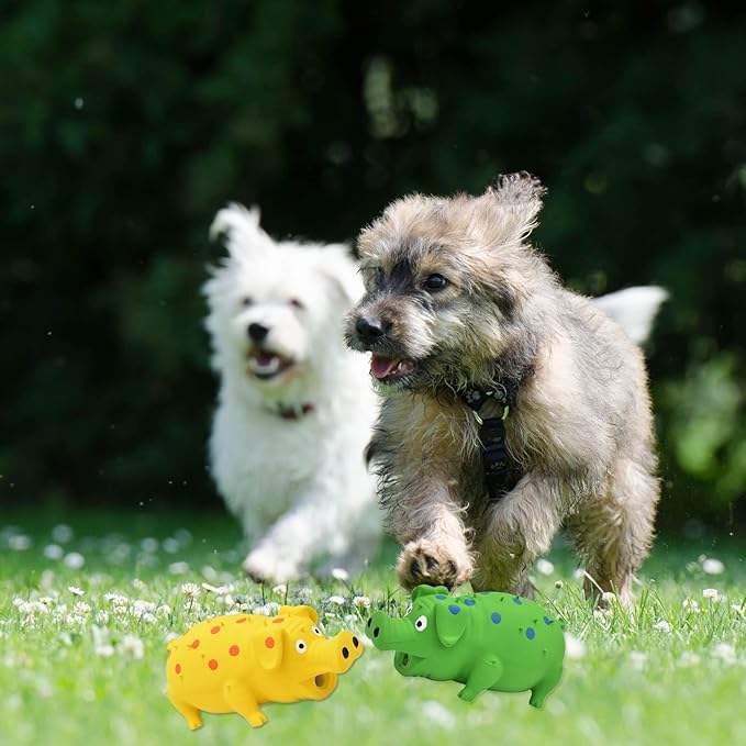 Pig Squeaky Dog Toy, 2 PCS Interactive Rubber Dog Chew Toy - Durable Latex Spot Grunting Pig Toys That Oink for Small Medium Large Dogs (Yellow, Green)