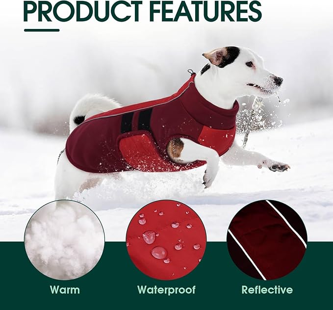 Kuoser Large Dog Coat, Winter Waterproof Dog Jackets for Large Dogs, Reflective Doggie Vest with Leash Hole, Cold Weather Coats Pet Snow Jacket for Labrador Beagle, Red XXL