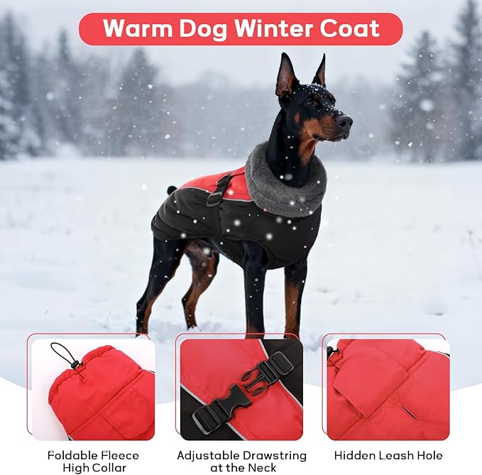 IDOMIK Dog Winter Coat, Reflective Waterproof Dog Jacket for Cold Weather, Warm Pet Coats for Small Medium Large Dogs, High Collar Doggy Fleece Snow Jacket, Winter Vest with Adjustable Buckle,L