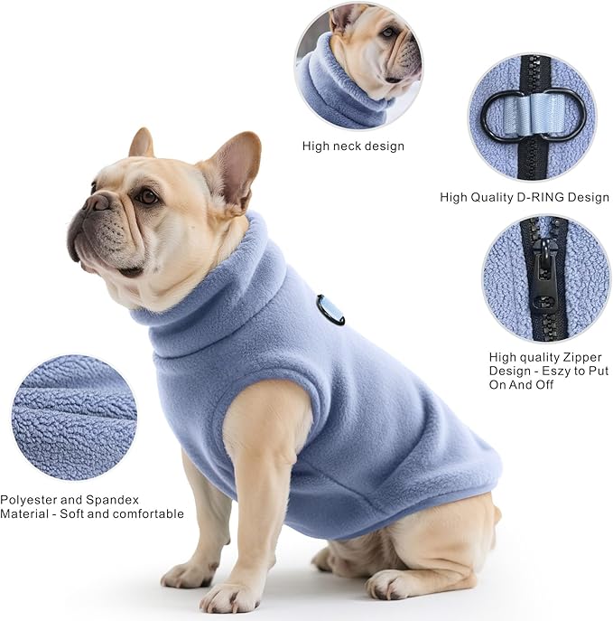 Idepet Dog Fleece Vest Sweater Zip Up Warm Pullover Dogs Jacket with D-Ring Leash Winter Cold Weater Coat Pet Sweatershirt Clothes Hoodie for Small Medium Dogs Boy Girl(Sky Blue,M)
