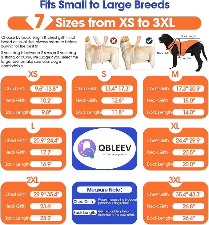 QBLEEV Reversible Dog Coat for Medium Dogs, Waterproof Windproof Winter Jacket Keeps Dogs Warm in Snow, Adjustable Hook & Loop Lightweight Dog Puffer Vest, Orange, L – Fits French Bulldog