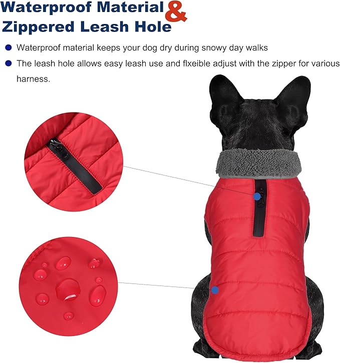 Dog Winter Coat, Waterproof Dog Jacket with Leash Hole, Reflective Adjustable Pet Snow Vest, Warm Fleece Sweater for Small Medium Large Dogs - Red, XS