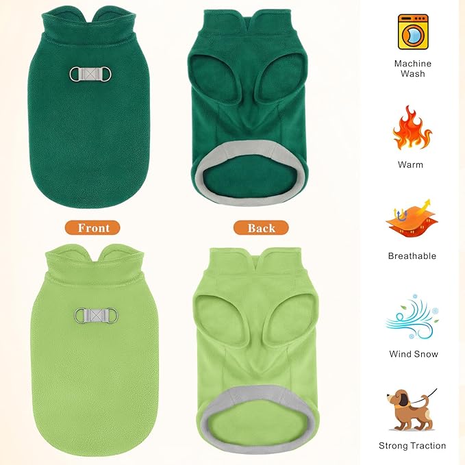 Idepet 2 Pack Dog Fleece Vest Sweater Warm Pullover Jacket with D-Ring Leash Reflective Winter Coat Hoodie for French Bulldog Pug Chihuahuas Yorkies Dachshunds(Dark Green&Grass Green,Large)