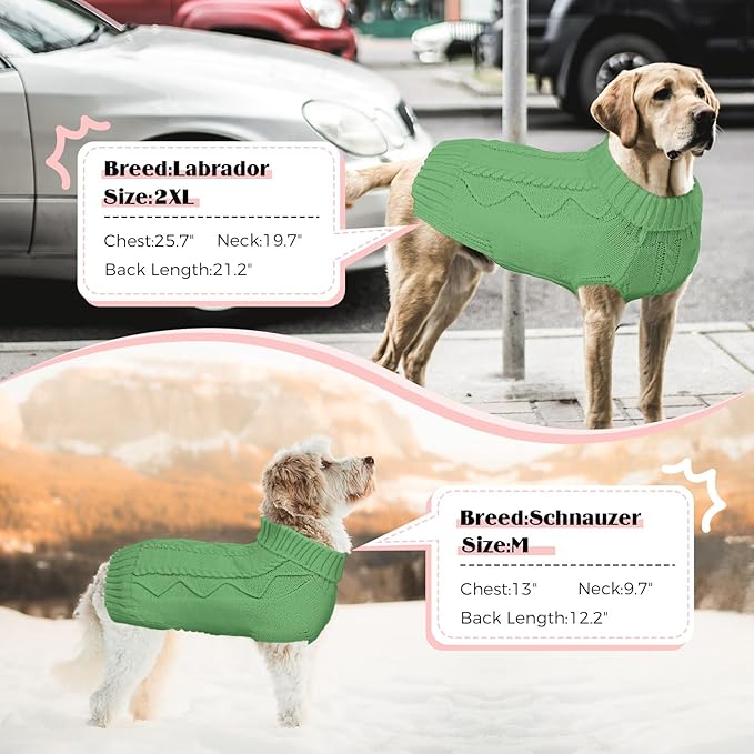 Dog Sweaters for Small Medium Large Dogs Girl, Soft Warm Turtleneck Pup Dogs Shirt, Double Knitting Collar for Outdoor Playing, Warm Dog Clothes (2XL,Green)