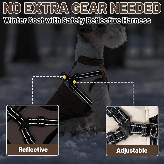 Dog Winter Coat for Small & Medium Dogs (Up to 31lb), Waterproof Dog Coat with Harness, Puppies Windproof Puppy Puffer Jacket, Snowsuit for Dachshund,Frenchie, Corgi (Classic Brown, 2XLarge)