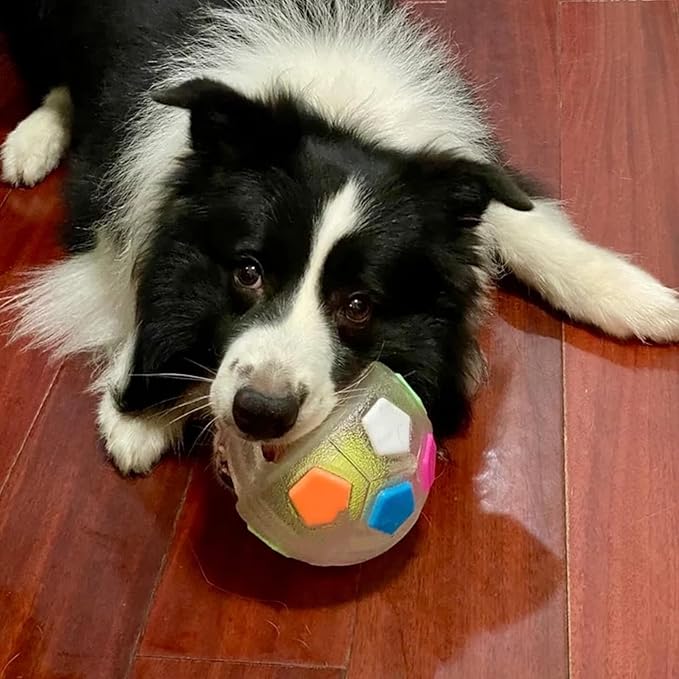 The Mellow Dog Calming Ball with Handle for Dogs, Mellow Dog Calming Ball, Interactive Football Shape Dog Toy, Tpr Chewable Material, Squeaky, Water Play, Training & Outdoor Games (White+Black-A)