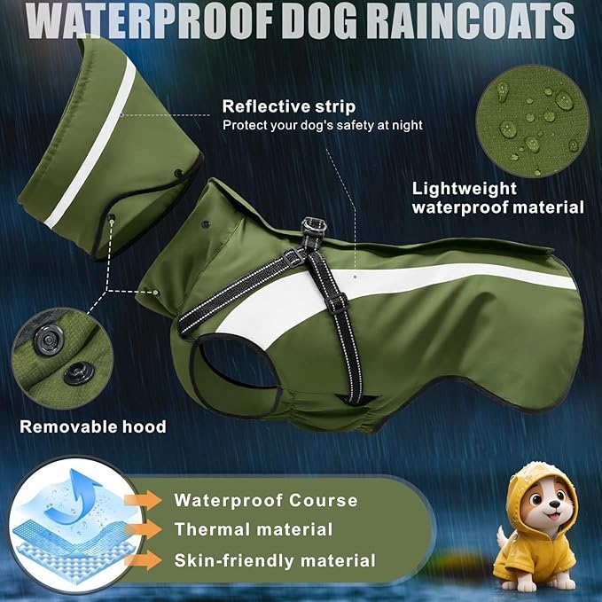 Mosucoirl Dog Raincoat Waterproof Raincoats for Dog Reflective Dogs Rain Jackets with Hood Hoodie Pet Rain Poncho Coat for Small Medium Large Dogs Puppies S-XXL (Green, M)