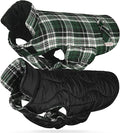 VIVAGLORY Softjoy Dog Coat, Dog Jacket for Winter & Christmas, Coat with Harness Hole & Velcro Closure, Reversible Plaid Checkered Warm Fluffy Heavy Duty for Puppy, XS, Green