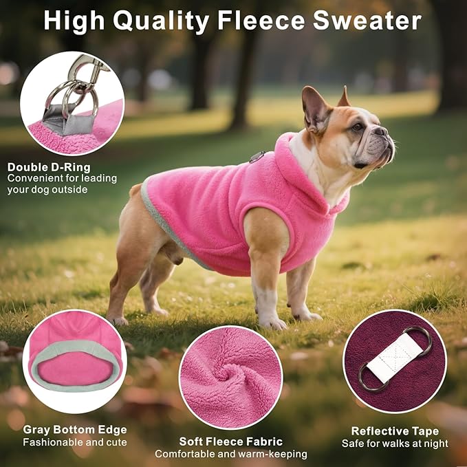 Idepet 2 Pack Dog Fleece Vest Sweater Warm Pullover Jacket with D-Ring Leash Reflective Winter Coat Hoodie for Puppy Cat French Bulldog Pug Chihuahuas Yorkies Dachshunds (Red&Rose Red,Small)