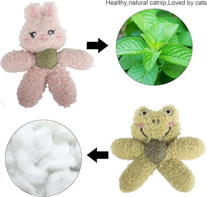 Cat Toys with Catnip Kitten Chew Bite Supplies Boredom Relief Fluffy Kitty Teeth Cleaning Chewing Cat Lovers Interactive Plush Gift (Frog&Bear)
