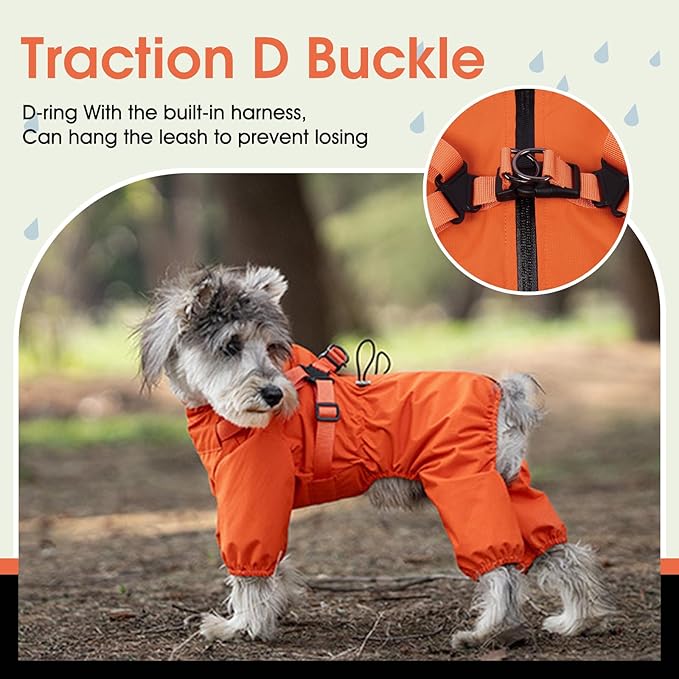 BRKURLEG Dog Raincoat for Small Dogs, Small Dog Rain Jacket with Harness Built in, Waterproof 4 Legs Pet Raincoats, Puppy Outdoor Jacket with Reflective Strip, Orange, XL