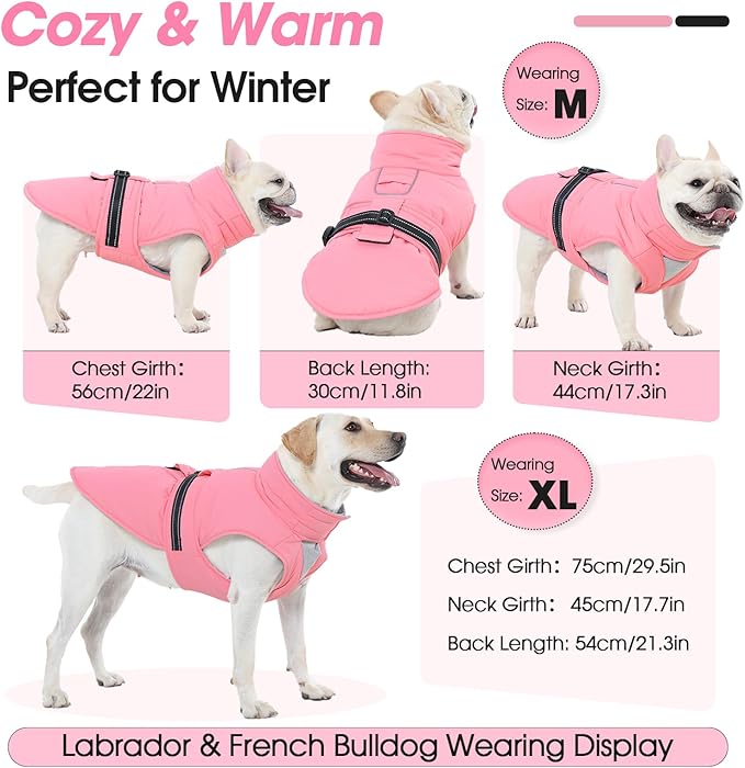 XXXL Dog Coat, Warm Dog Winter Jacket, Waterproof Dogs Snowsuit with Foldable High Collar, Reflective Strips, Leash Hole, and Adjustable Hook & Loop Closure - Ideal for Cold Weather - Pink 3XL