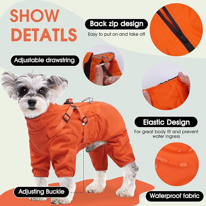 BRKURLEG Dog Raincoat for Small Dogs, Small Dog Rain Jacket with Harness Built in, Waterproof 4 Legs Pet Raincoats, Puppy Outdoor Jacket with Reflective Strip, Orange, M