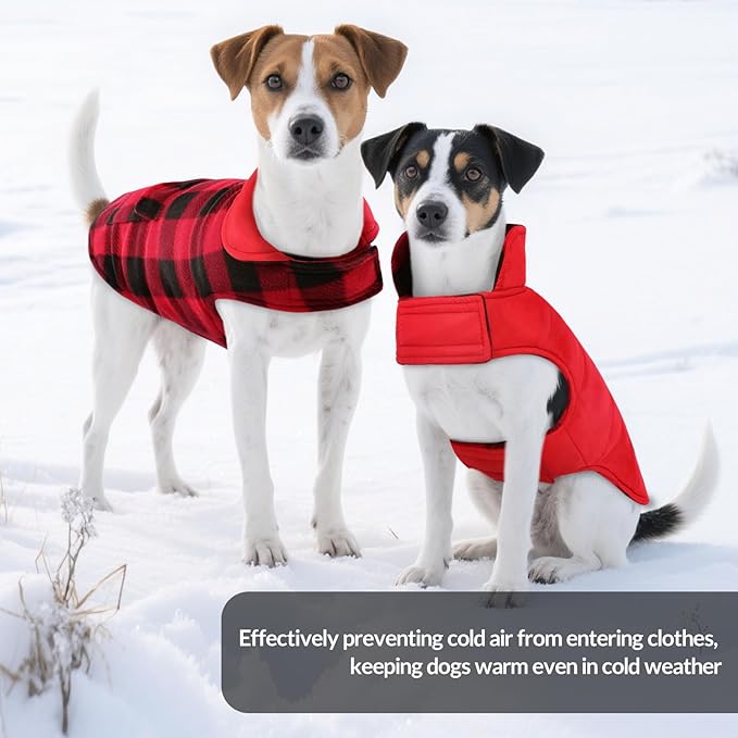 ASENKU Dog Winter Coat, Fleece Doggie Jacket Plaid Reversible Vest Waterproof Windproof Cold Weather Clothes for Small Medium Large Dogs (Red, XL)