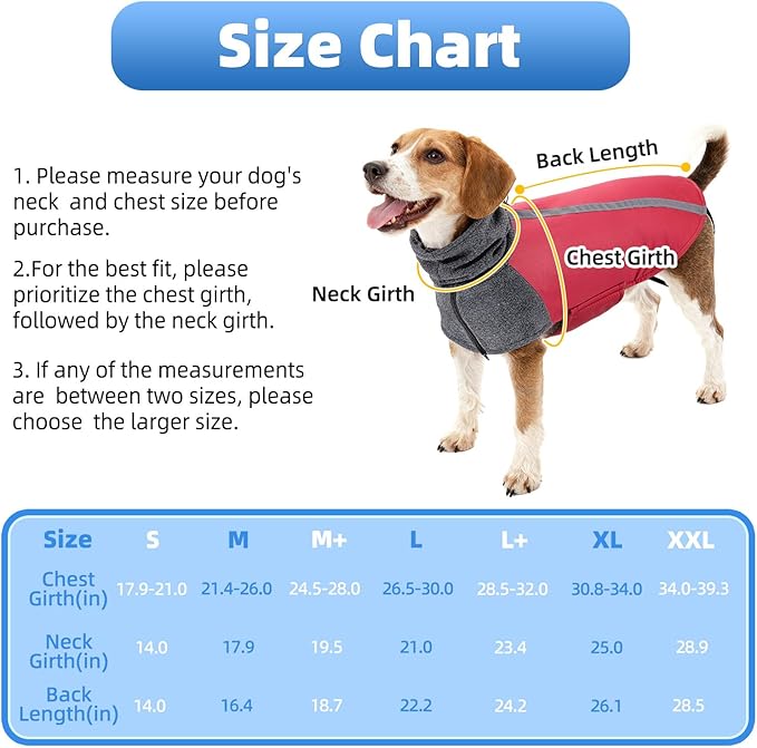 SlowTon Winter Dog Coat, Warm Polar Fleece Lining Doggie Outdoor Jacket with Turtleneck Scarf Reflective Stripe Adjustable Waterproof Windproof Puppy Vest Soft Pet Outfits (M+,Red)