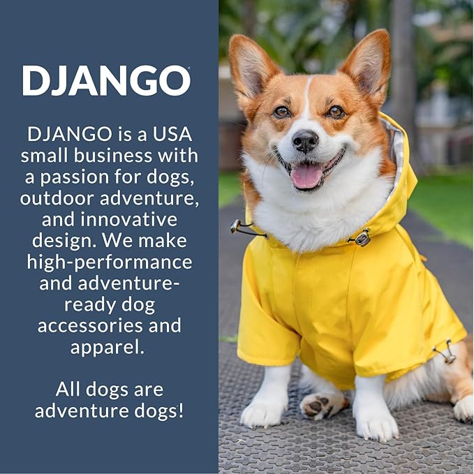 DJANGO Highland Dog Jacket & Raincoat – Water-Repellent, Lined Dog Coat with Hood, Adjustable Fit & Harness Hole – Lightweight Rain & Wind Jacket for Small & Medium Dogs up to 30 lbs (Blue, Small)