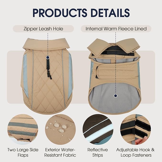 IECOii Dog Coat for Winter - Waterproof & Windproof, Adjustable & Reflective Jackets, Thermal Jacket for Camping, Climbing, Jogging, Khaki, Sizes XXXL