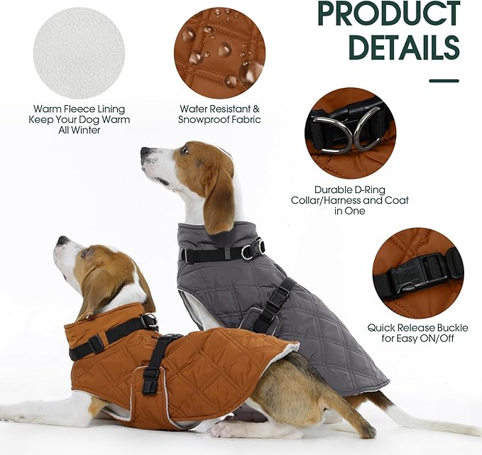 Kuoser Dog Coat Warm Fleece Lining Turtleneck Dog Jacket with Harness Built-in, Adjustable Windproof Cold Weather Coats with Quick Release Buckle Pet Winter Snowsuit for Extra Large Dogs, Khaki 2XL