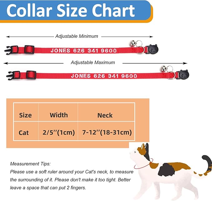 Personalized Cat Collars, Embroidered with Pet Name and Phone Number, Adjustable Nylon Breakaway Safety Release Buckle ID Collar,Custom Text with Bell for Cat or Kitten,Red