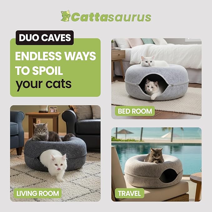 CATTASAURUS Peekaboo Cat Cave for Multiple & Large Cats Up to 30-45 Lbs, Scratch Detachable & Washable Tunnel Bed, Comfy Donut Cat Cave (Light Gray + Dark Gray, Large)