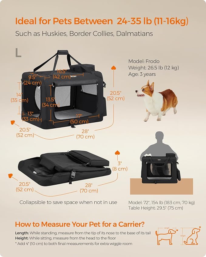 Feandrea 28 Inches Collapsible Soft Dog Crate, Portable Travel Dog Crate for Indoor and Outdoor Use, Dog Carrier Kennel with Safety Zippers, for Living Room, Car, Travelling, Black UPDC70H