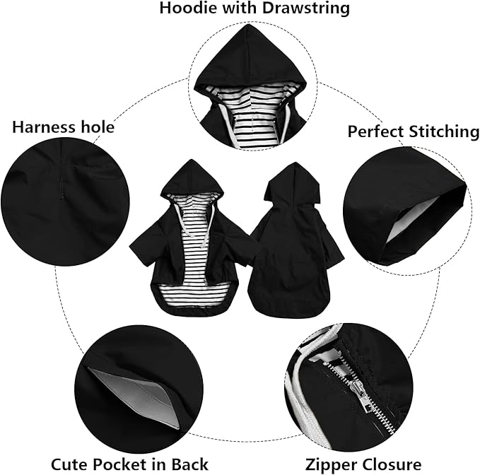 Dog Raincoat rain Jacket Raincoat Dogs Waterproof Small Medium Breeds Zip Closure Storage Pocket Harness Hole Black XL