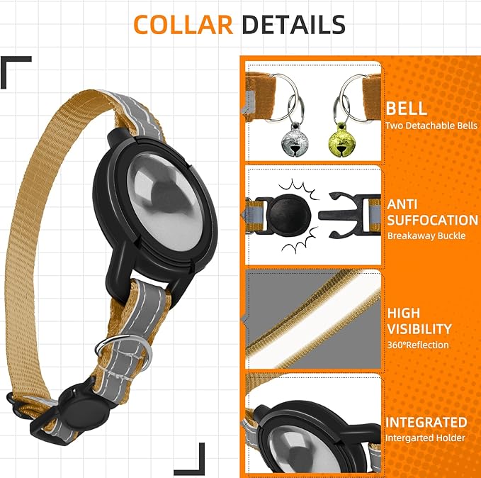 Airtag Cat Collar Breakaway, Odokele Reflective Cats Collars with Apple Air Tag Holder for Kitten, Cat GPS Tracker Adjustable Collars with Safety Quick Release Buckle for Kitties and Puppies - Brown