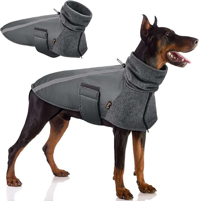 SlowTon Winter Dog Coat, Warm Polar Fleece Lining Doggie Outdoor Jacket with Turtleneck Scarf Reflective Stripe Adjustable Waterproof Windproof Puppy Vest Soft Pet Outfits (XXL,Grey)