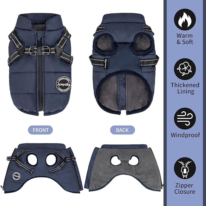 Warm Winter Coat, Fashion Sports Jacket with Built-in Harness, Reflective & Adjustable Pet Vest, Waterproof Windproof for Small Dogs (Navy)