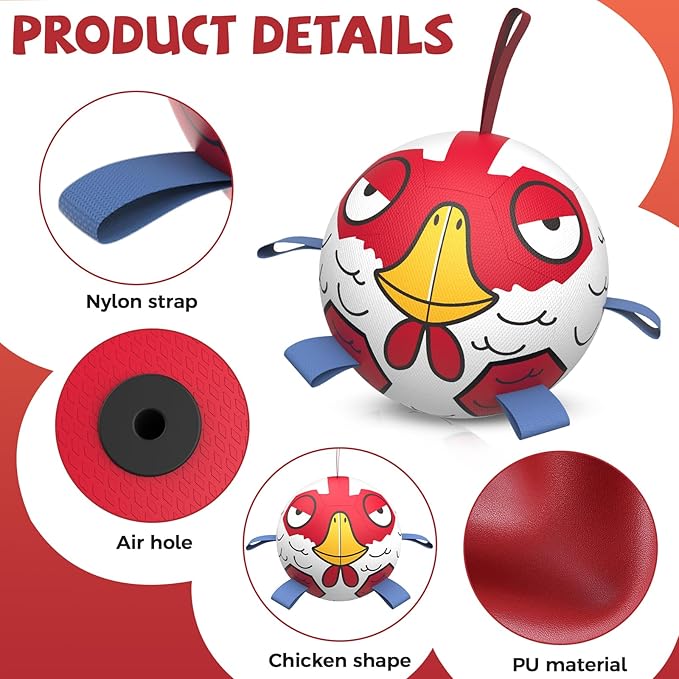QDAN Premium Dog Balls Toys, Outdoor Dog Toys, Dog Soccer Balls with with Straps, Pet Puppy Birthday Gifts for Small Medium Dogs, 6 Inch, Chicken Ball