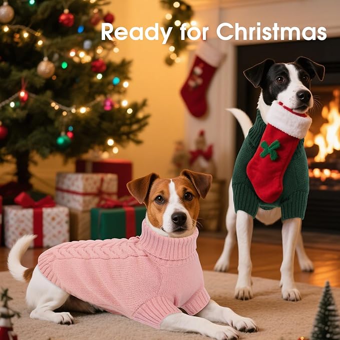 Dog Sweaters for Small Dogs Classic Turtleneck Dog Christmas Sweater Thick Warm Pullover Female Puppy Pet Stretch Knitwear Fall Winter Clothes with Leash Hole(Pink, S)