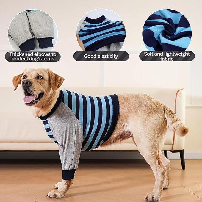 FUAMEY Dog Recovery Sleeve with Elbow Protector,Dogs Shirt Stop Licking Joints,Pet Long Sleeve Suit Protecting Dog's Front Leg Arm Wounds Cover Skin Conditions Blue Stripe 2XL