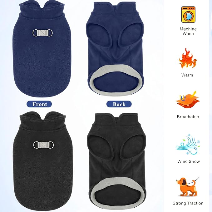 Idepet 2 Pack Dog Fleece Vest Sweater Warm Pullover Jacket with D-Ring Leash Reflective Winter Coat Hoodie for Puppy Cat French Bulldog Pug Chihuahuas Yorkies Dachshunds(Black&Blue,XX-Large)