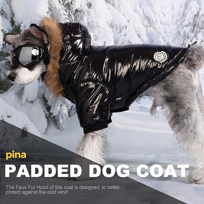 PINA Dog Winter Coat with Large Faux Fur Hood, Windproof and Warm, Suitable for Small to Large Dogs, Black, S
