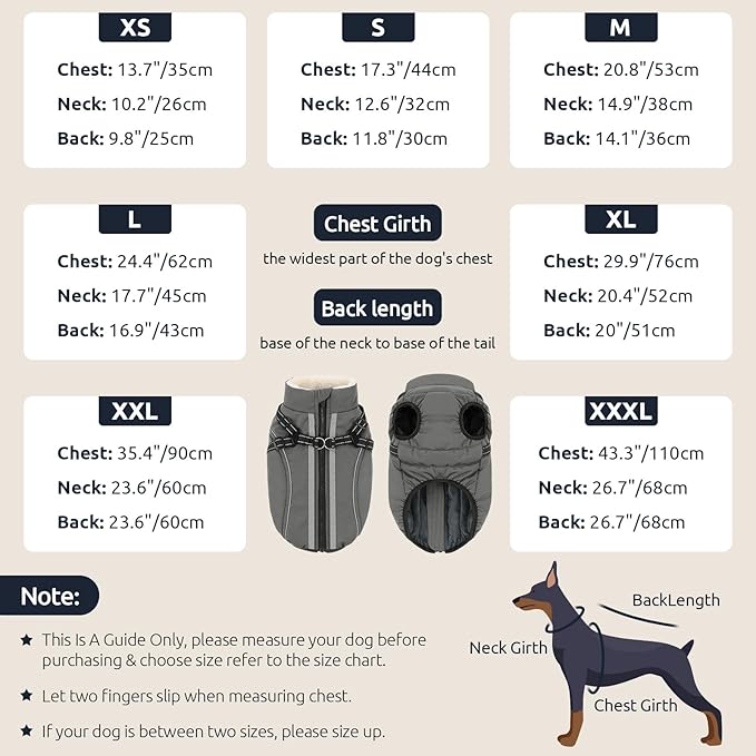 Dog Winter Coat with Harness Built in Warm Puffer Dog Jackets for Small Medium Large Dogs Windproof Waterproof Outfit with Plush Lining and Reflective Stripes (Grey, 3XL)