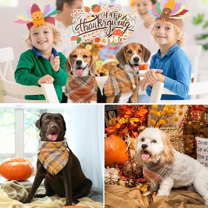 Vivifying Halloween Dog Bandanas, 2 Pack Thanksgiving Fall Classic Plaid Dog Scarf with Tassels Edges, Funny Pet Apparel & Accessories Costume for Photo Prop, and Party Decor (X-Large, Yellow&Orange)