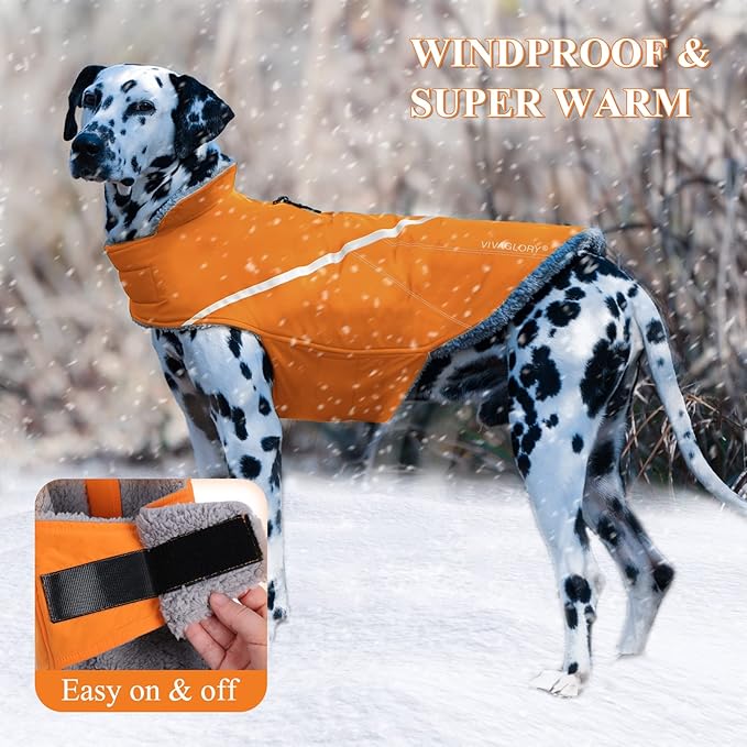 VIVAGLORY Snowrap Dog Coat, Jacket with Harness Hole & Velcro Closure, Dog Coat for Winter & Cold Weather, Fluffy Warm Fleece Lined Reflective Water Resistant for Puppy, XS, Orange