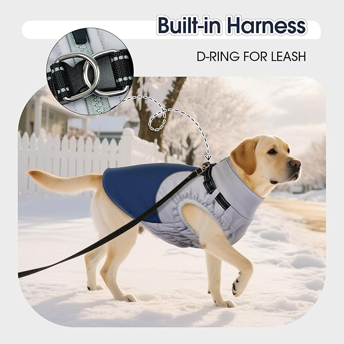 DENTRUN Dog Coat with Harness Built in, Easy On/Off Zipper Closure Winter Dog Vest, Water-Repellent Fleece Lined Warm Jacket with Reflective for Large Dogs, Dark Blue, XL