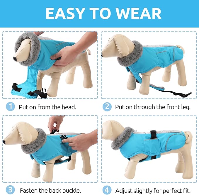 Queenmore Dog Cold Weather Coats, Fleece Collar Dog Apparel for Cold Weather, Pet Snowsuit, Cozy Winter Jackets for Large Breeds with Quick Release, Blue, XXL