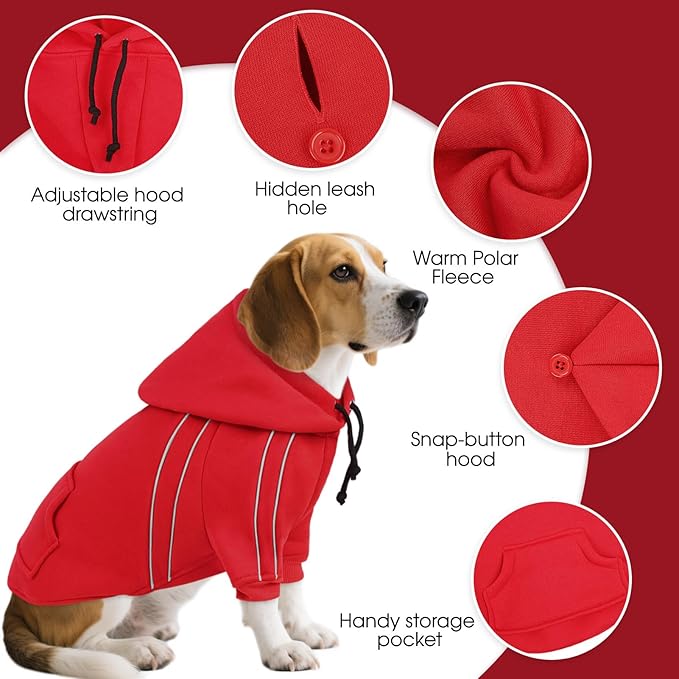 ASENKU Cozy Dog Hoodie，Soft Sweater with Adjustable Hood, Back Pocket and Leash Access Hole，Warm Reflective Sweatshirt for Cold Weather（Red，XL