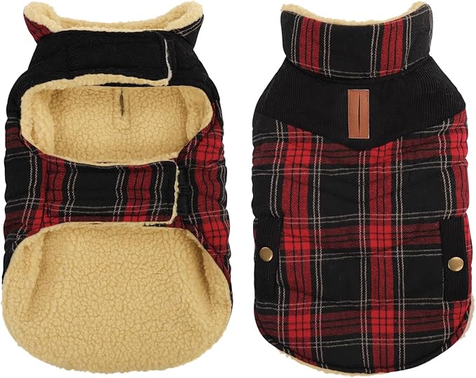 Queenmore Dog Winter Coat Warm Dog Jacket for Cold Weather, Quilting Puffer Plaid Coats for Small/Medium Dogs Waterproof,Girl/Boy Pet Christmas Coat,Pet Snowsuit with Leash Hole/Fleece Padding, S
