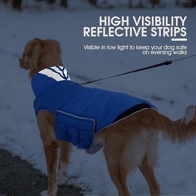 Kuoser Dog Coat Large, Cold Weather Reflective Waterproof Dogs Jacket with Warm Fleece Lining, Turtleneck Dog Winter Coat with Zipper, Doggy Snow Jacket Pet Coats for Small Medium Large Dogs, Blue 3XL