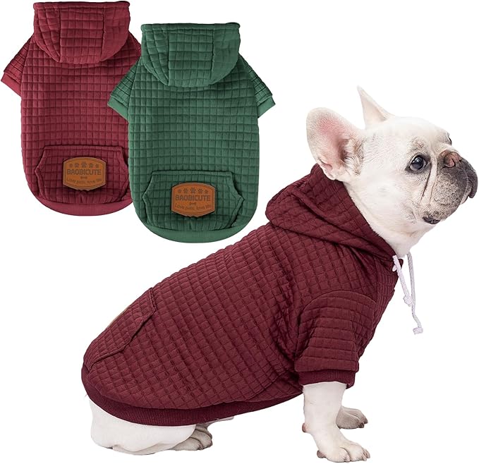 2 Pack Dog Hoodie Sweaters for Small Medium Dogs Warm Dog Clothes for Large Dogs Soft Waffle-Like Laminated Sweatshirt Bulldog (Dark Green+Wine Red, M/L (Back: 17",Chest: 24.5", Neck: 14.5"))
