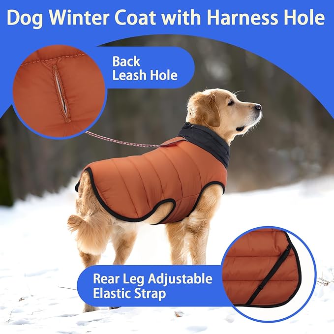 MIGOHI Lightweight Dog Coat, Windproof Dog Jacket, Puffer Jacket for Large Dogs, Padded Vest with Reflective Strips, Warm Snow Vest in Cold Weather, Easy On Hook & Loop Belly, Caramel, 2XL