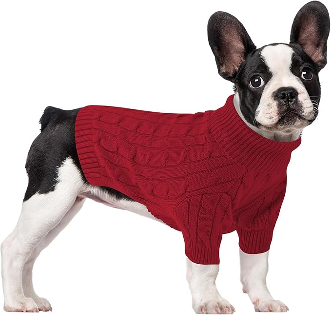 Small Dog Thermal Pullover Sweater, Classic Turtleneck Cable Knitwear Dog Clothes for Cold Weather Warm Pet Clothes for Chihuahua, Bulldog, Dachshund, Pug Red Small
